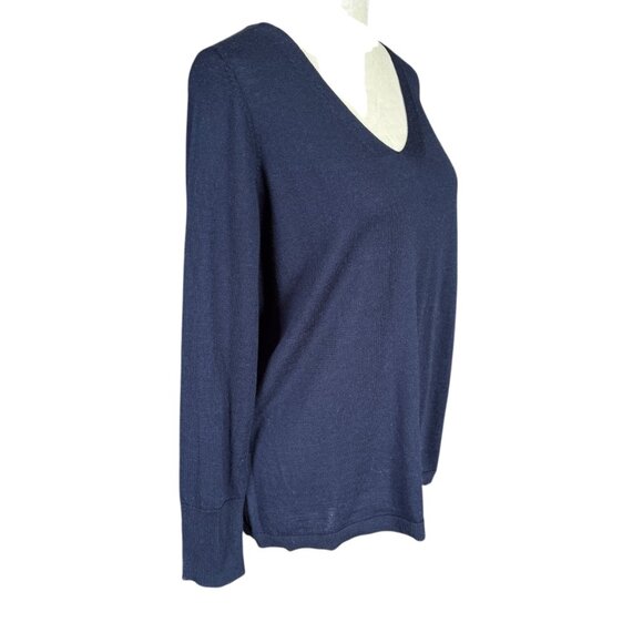 Talbots Petites XP dark blue long sleeve v-neck pullover stretchy wool sweater - Picture 3 of 8